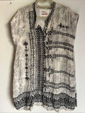 Johnny Was Cream Dress/Tunic with Gorgeous Navy Blue Floral Embroidery